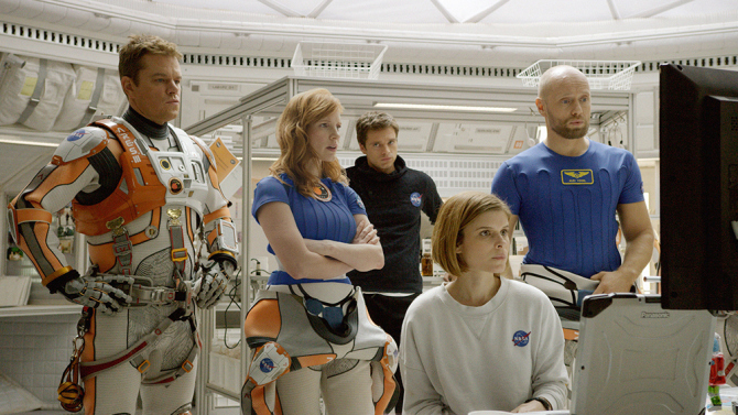 (from left) Matt Damon, Jessica Chastain, Sebastian Stan, Kate Mara, and Aksel Hennie portray the crewmembers of the fateful mission to Mars.